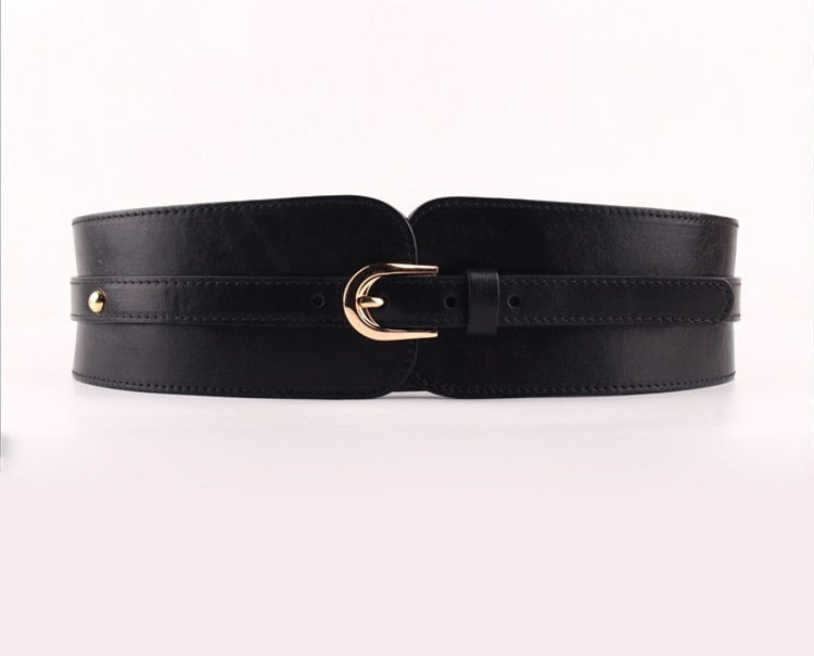 100% Cowskin Wide Belt For Women High Quality Ceinture Femme Elastic Waistband Female Vintage Genuine Leather Belt Buckles Black 75cm