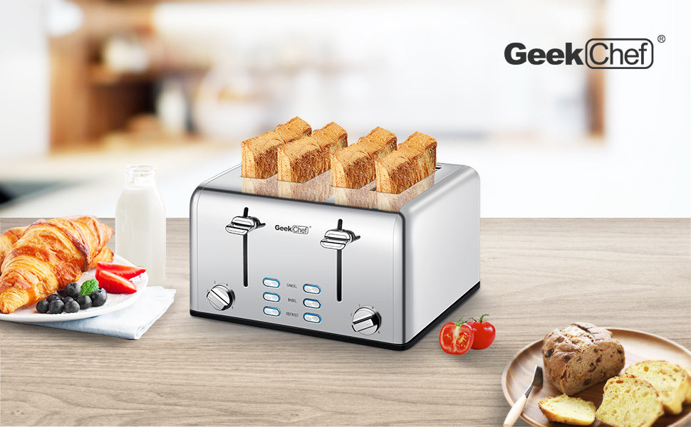 Achetez le Toaster 4 Slice Geek Chef en Acier Inoxydable avec Fonction Bagel, Décongélation et Annulation sur AOMshop