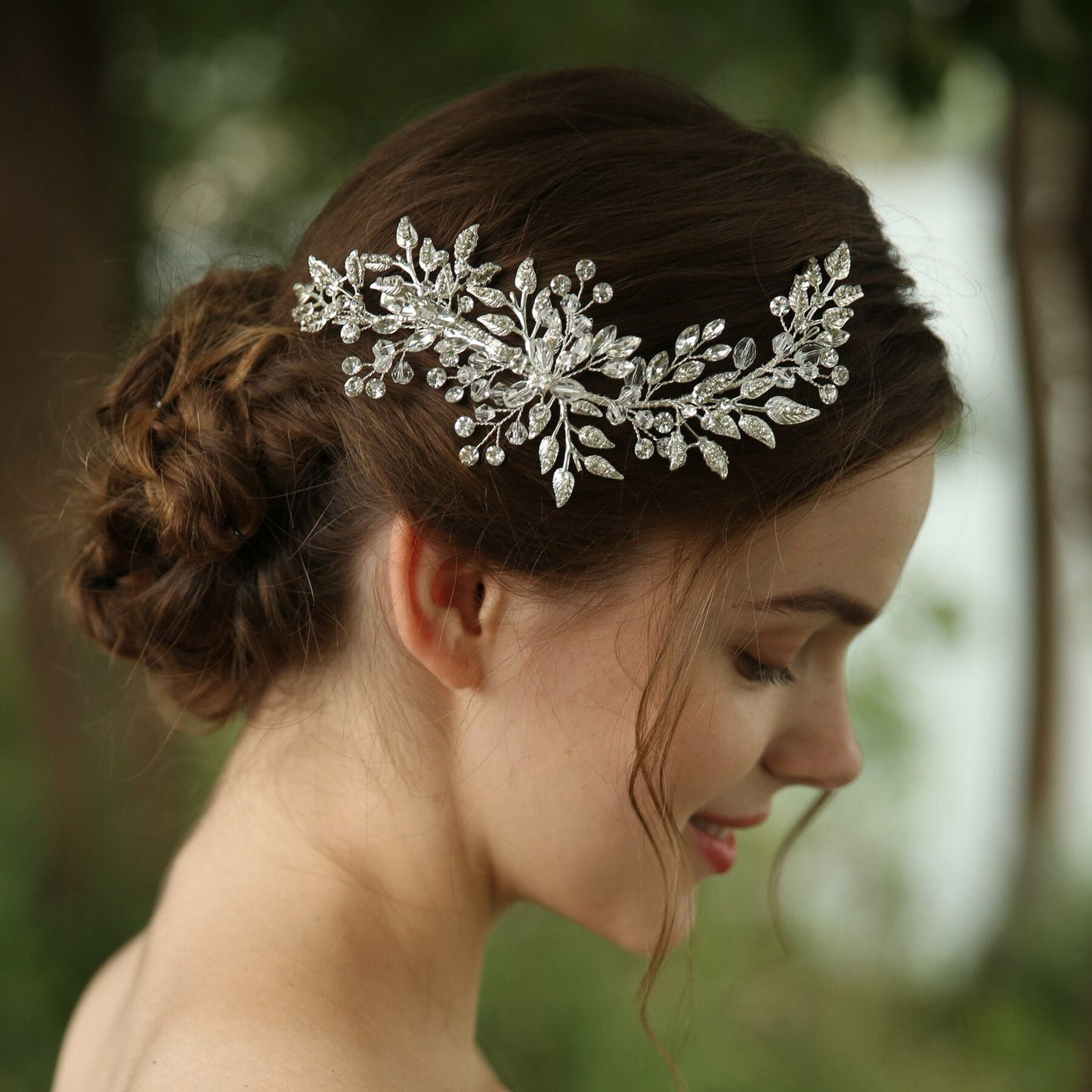 "AOMshop - Accessoire cheveux pour mariée : headband avec feuilles, strass argentés"