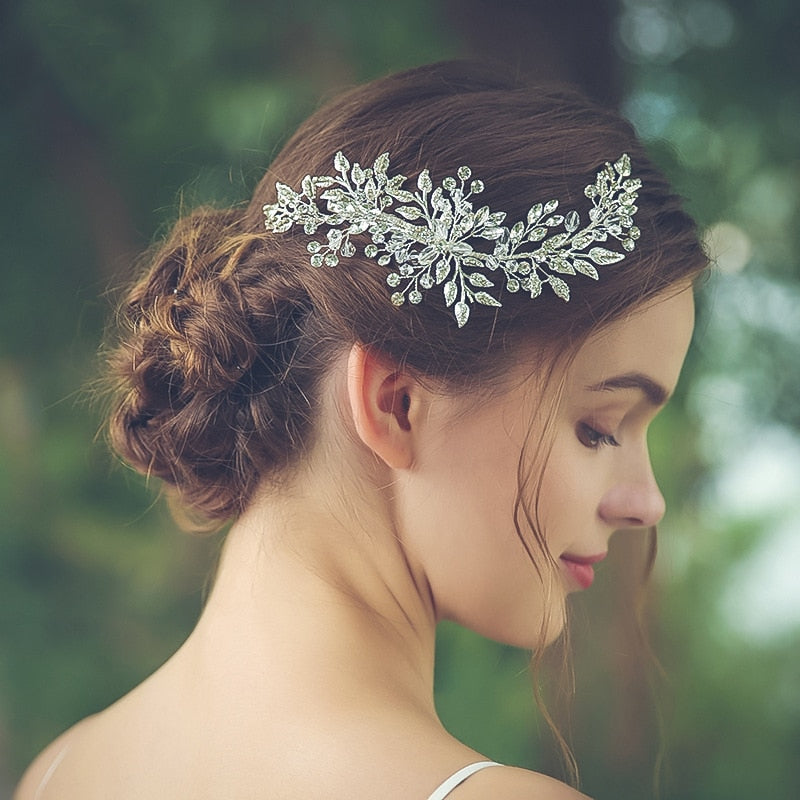 "AOMshop - Accessoire cheveux pour mariée : headband avec feuilles, strass argentés" Default Title