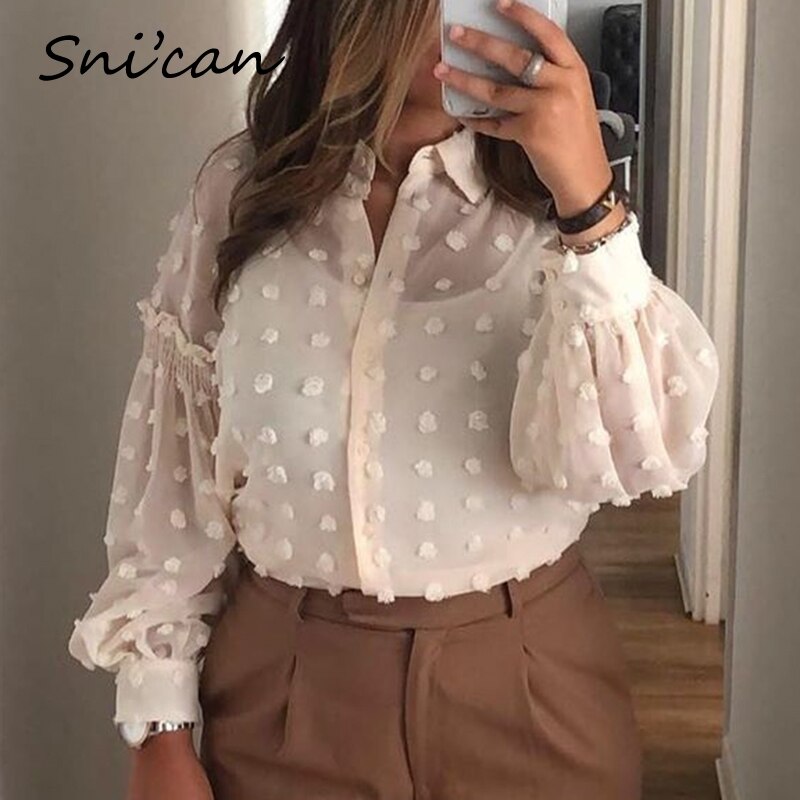 AOMshop - Chemisier pour Femme à Pois Blancs avec Manches Longues - Haut Basique pour Bureau et Occasions Décontractées