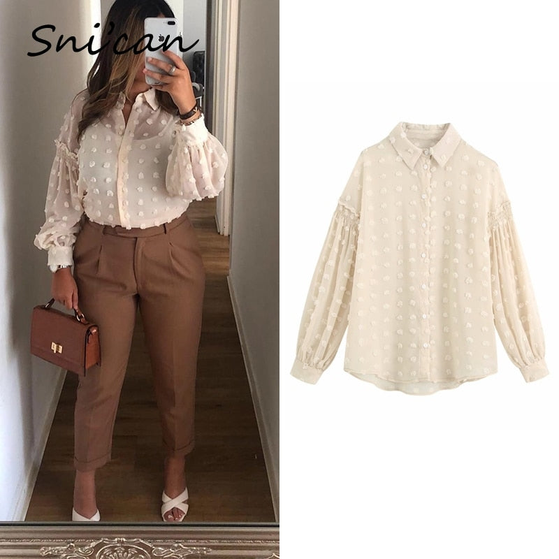 AOMshop - Chemisier pour Femme à Pois Blancs avec Manches Longues - Haut Basique pour Bureau et Occasions Décontractées