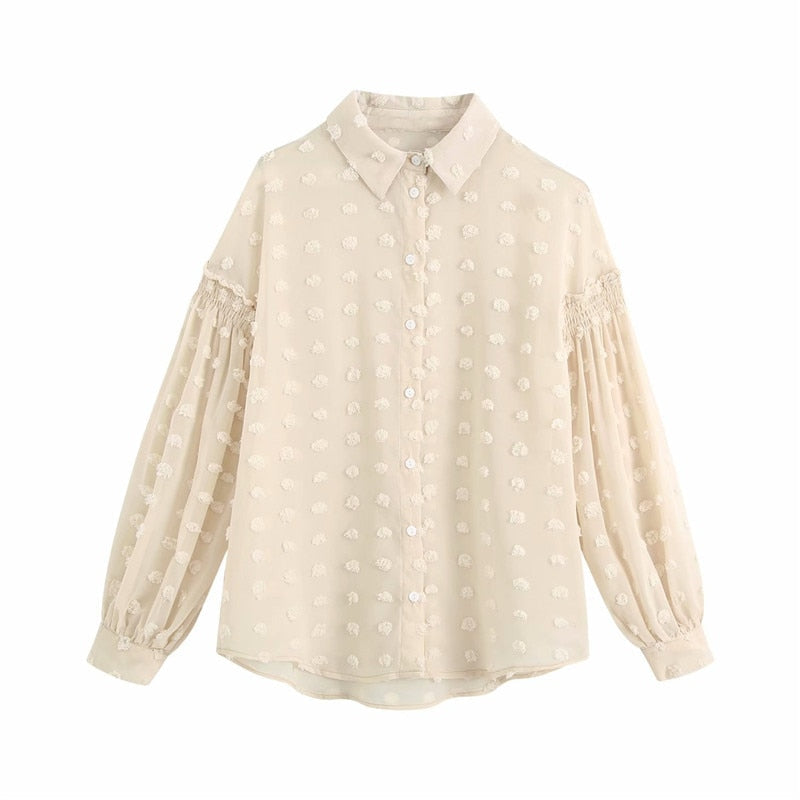 AOMshop - Chemisier pour Femme à Pois Blancs avec Manches Longues - Haut Basique pour Bureau et Occasions Décontractées Ivory