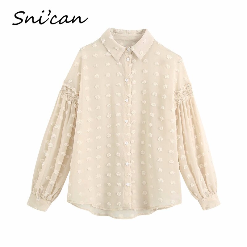 AOMshop - Chemisier pour Femme à Pois Blancs avec Manches Longues - Haut Basique pour Bureau et Occasions Décontractées