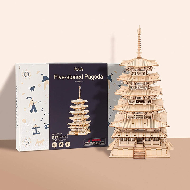 <AOMshop> Puzzle en bois 3D Pagode à cinq étages Robotime pour enfants