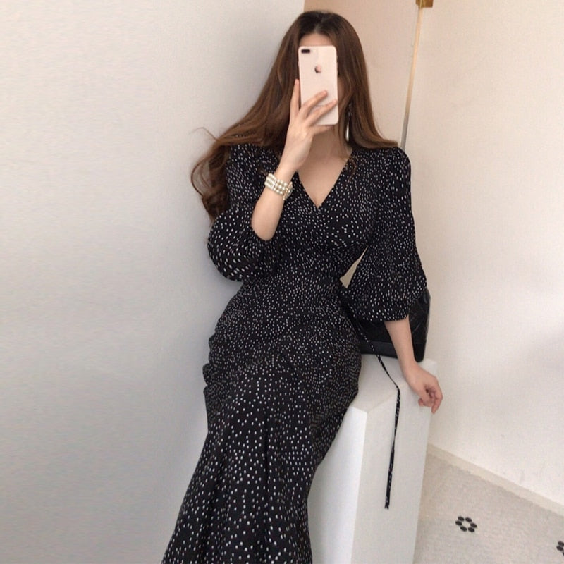 "AOMshop - Robe d'été élégante pour femme : noir, col en V, style vintage"