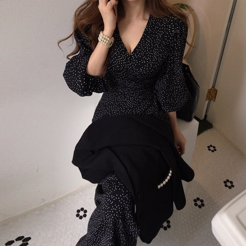"AOMshop - Robe d'été élégante pour femme : noir, col en V, style vintage"