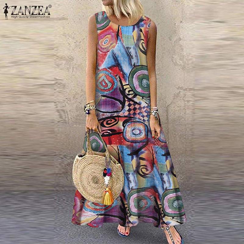 AOMshop - Robe d'été pour Femme Imprimée Florale Sans Manches - Style Bohème Chic pour Plage, Vacances et Occasions Décontractées