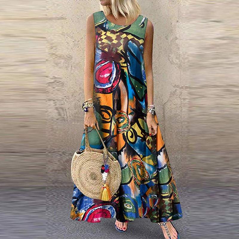 AOMshop - Robe d'été pour Femme Imprimée Florale Sans Manches - Style Bohème Chic pour Plage, Vacances et Occasions Décontractées Style1 Green