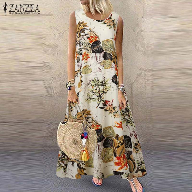 AOMshop - Robe d'été pour Femme Imprimée Florale Sans Manches - Style Bohème Chic pour Plage, Vacances et Occasions Décontractées Style1 Yellow