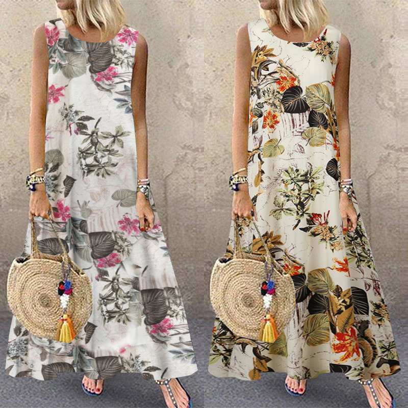 AOMshop - Robe d'été pour Femme Imprimée Florale Sans Manches - Style Bohème Chic pour Plage, Vacances et Occasions Décontractées