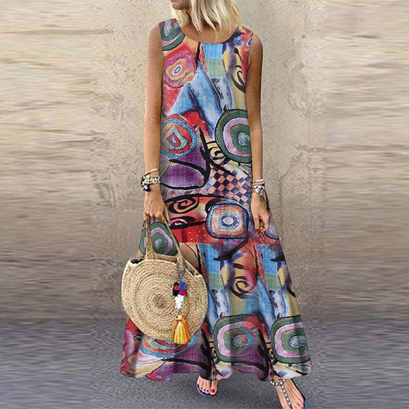 AOMshop - Robe d'été pour Femme Imprimée Florale Sans Manches - Style Bohème Chic pour Plage, Vacances et Occasions Décontractées Style1 Red 1
