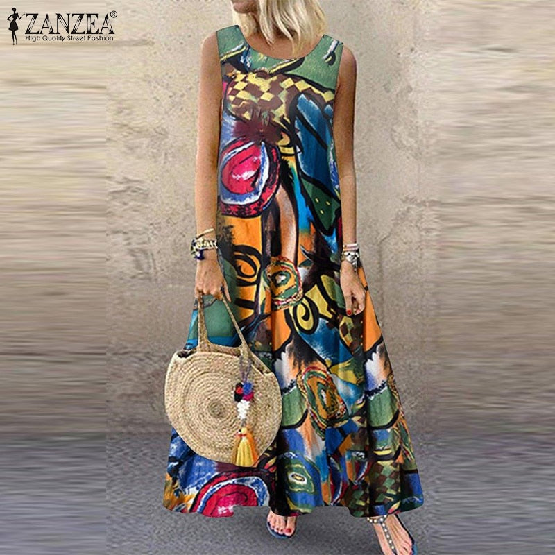 AOMshop - Robe d'été pour Femme Imprimée Florale Sans Manches - Style Bohème Chic pour Plage, Vacances et Occasions Décontractées