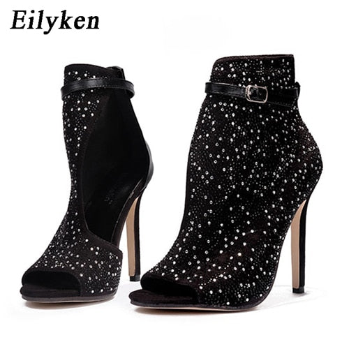 AOMshop - Sandales à talons hauts en cristal pour femmes Black