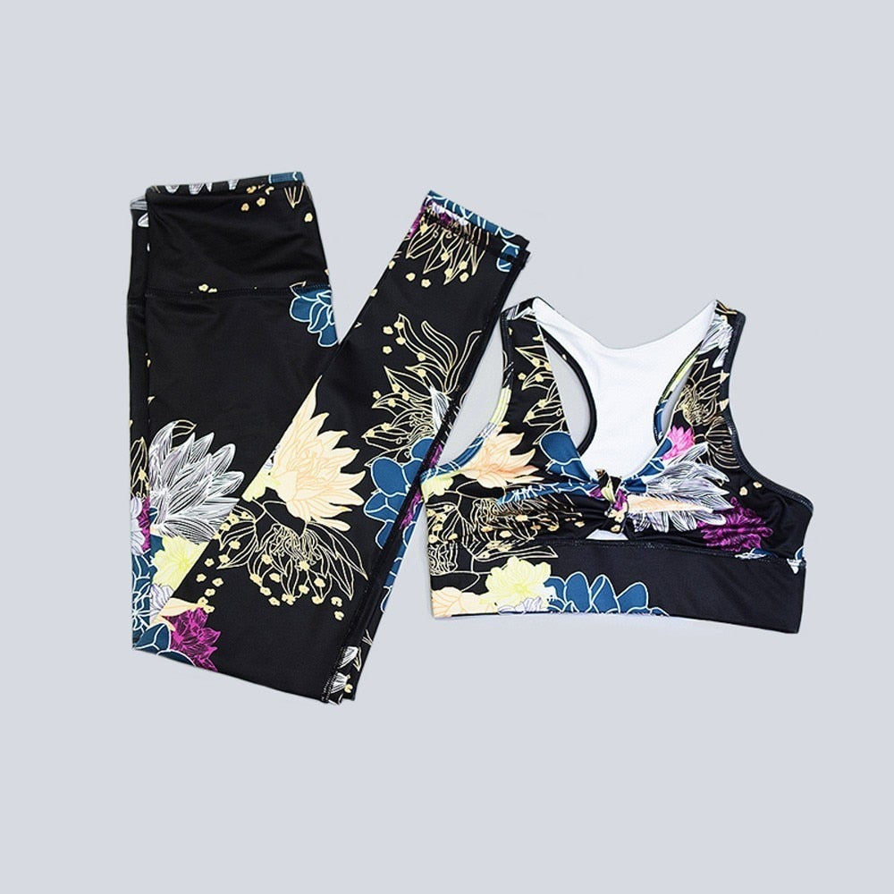 "AOMshop - Tenue de sport pour femmes : ensemble gym, fitness, yoga, imprimé floral"