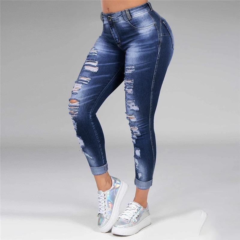 Acheter des jeans déchirés pour femmes en ligne - Skinny, taille haute, en denim lavé Deep Blue