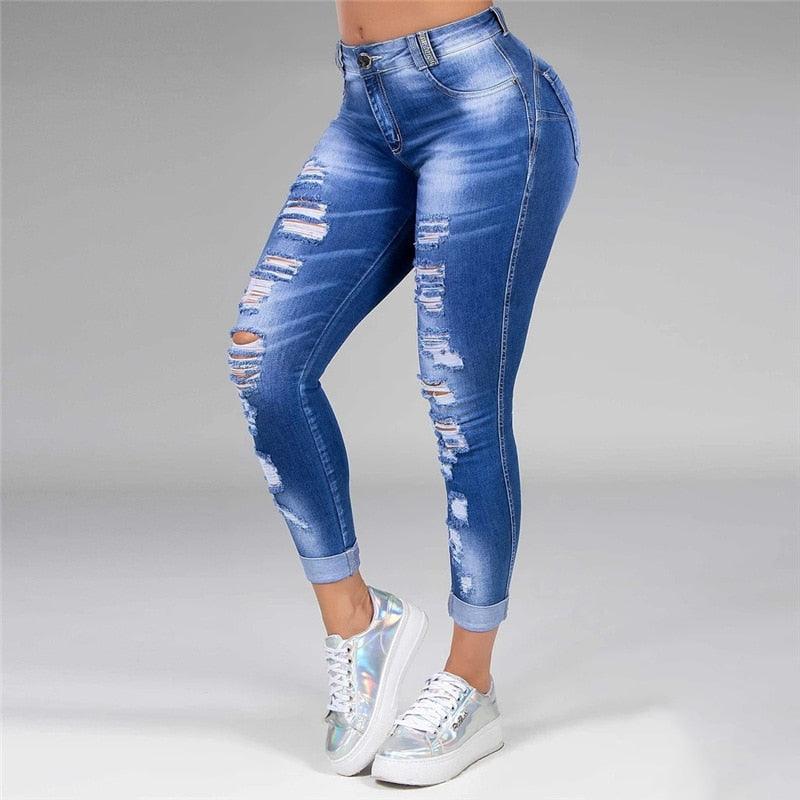 Acheter des jeans déchirés pour femmes en ligne - Skinny, taille haute, en denim lavé Blue