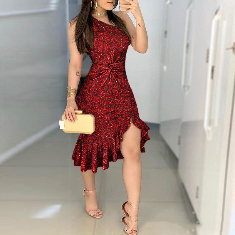 "Achetez la robe torsadée en fil d'argent tricoté nouveau style européen et américain | AOMshop"
