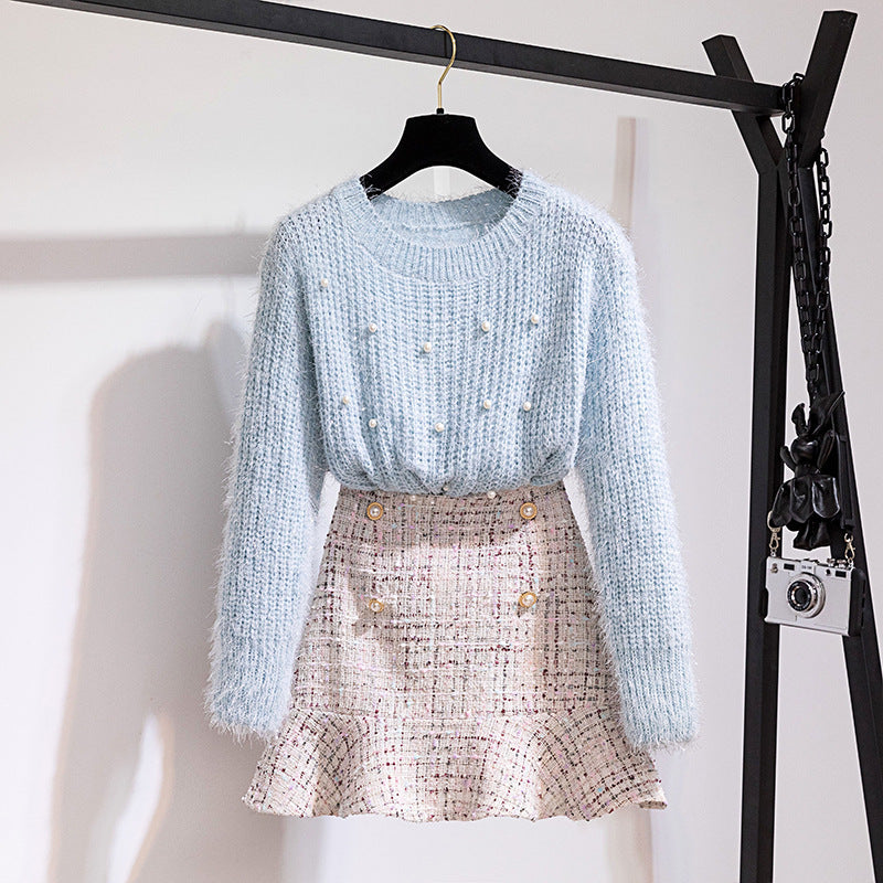 Achetez le meilleur Two-piece Beaded Sweater Skirt chez AOMshop