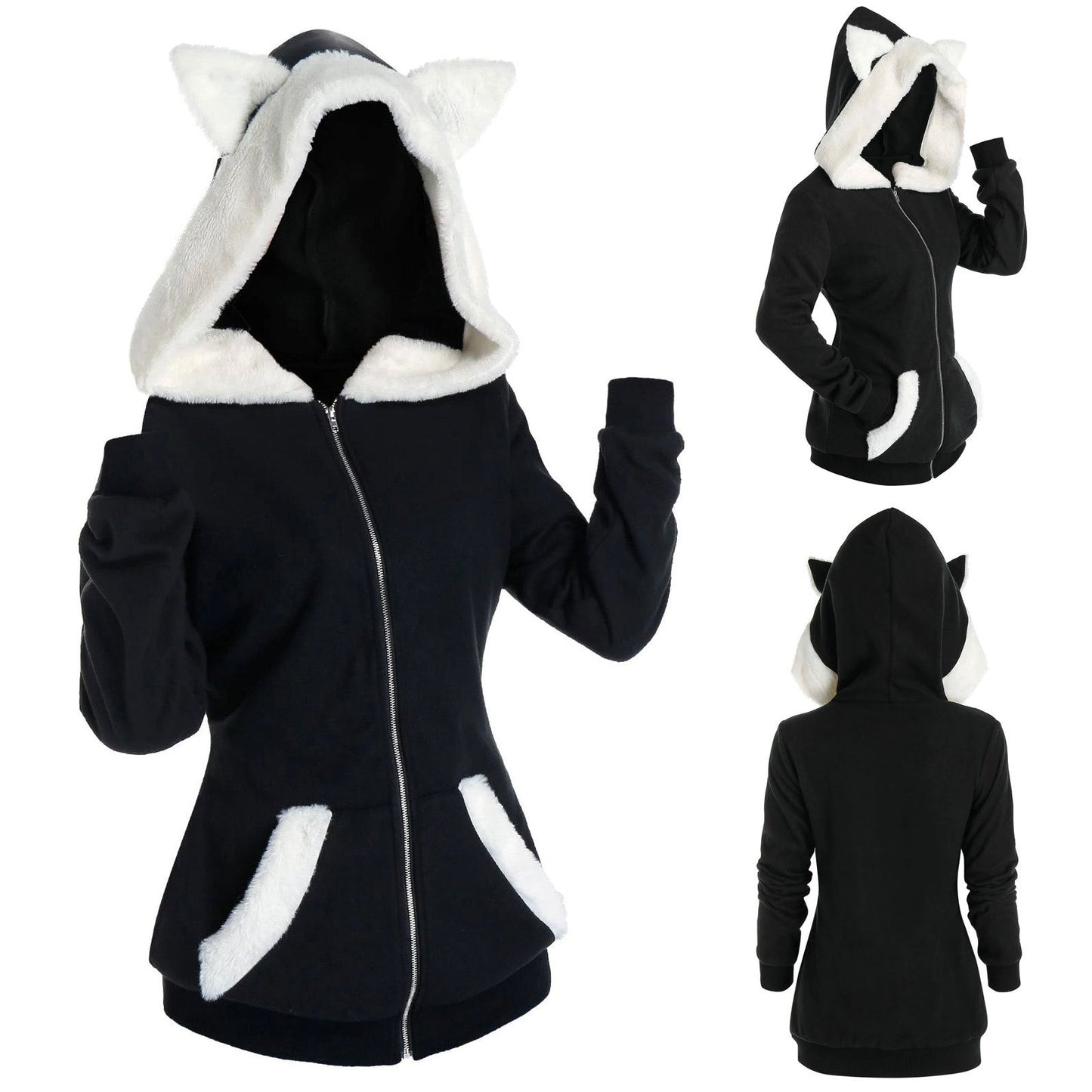 Achetez un Plush Cat Ears Hooded Plush Sweater - AOMshop Black