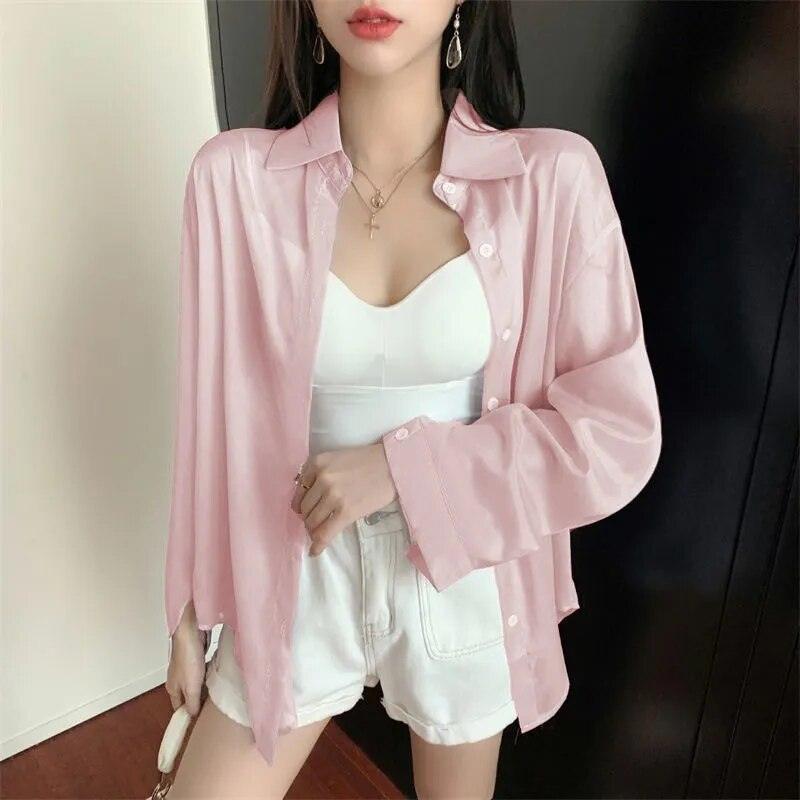 BOW Chemise Femme Blouse Manches Longues Décontractée Couleur Unie Été Mode Pink