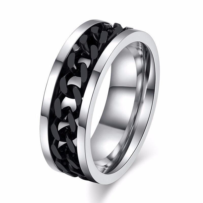 "Bague Spinner pour Homme en Acier Inoxydable avec Chaîne Cubaine 8mm Black Silver