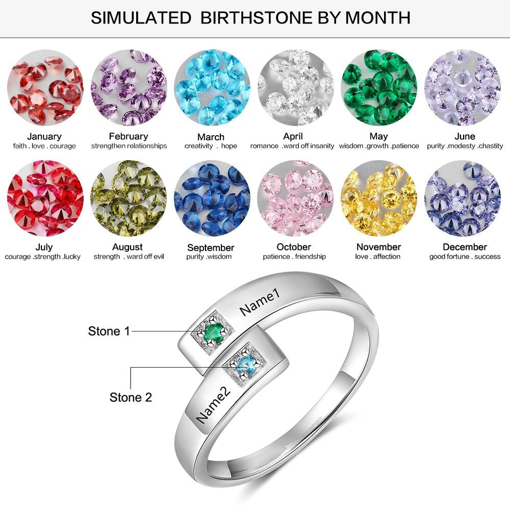 "Bagues personnalisées pour femmes avec pierres de naissance - Gravez 2 noms et ajustez-les - Bijoux de couple