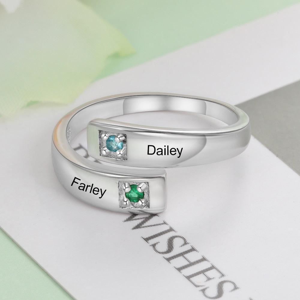 "Bagues personnalisées pour femmes avec pierres de naissance - Gravez 2 noms et ajustez-les - Bijoux de couple