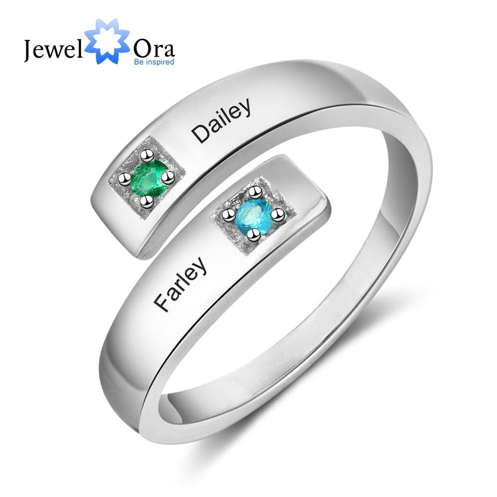 "Bagues personnalisées pour femmes avec pierres de naissance - Gravez 2 noms et ajustez-les - Bijoux de couple Resizable Rhodium Plated