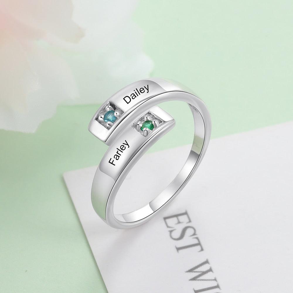 "Bagues personnalisées pour femmes avec pierres de naissance - Gravez 2 noms et ajustez-les - Bijoux de couple