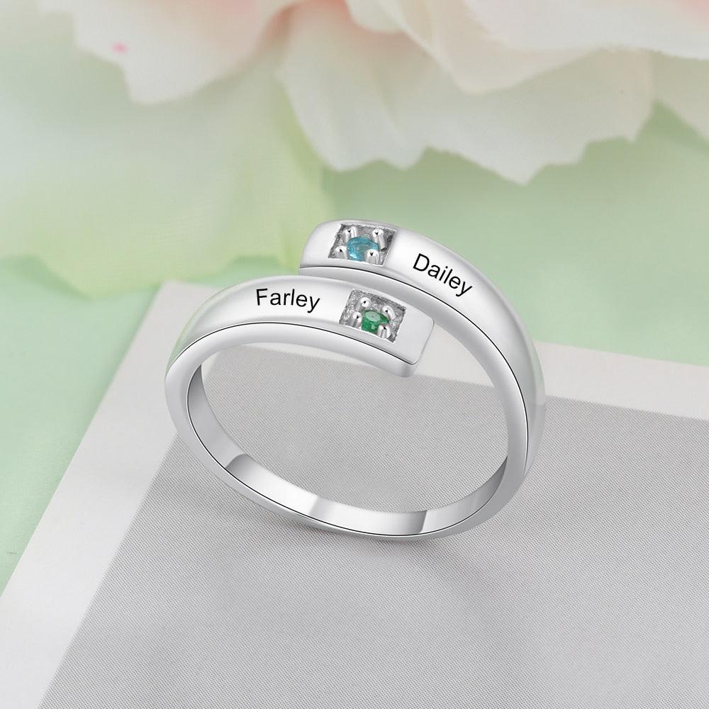 "Bagues personnalisées pour femmes avec pierres de naissance - Gravez 2 noms et ajustez-les - Bijoux de couple