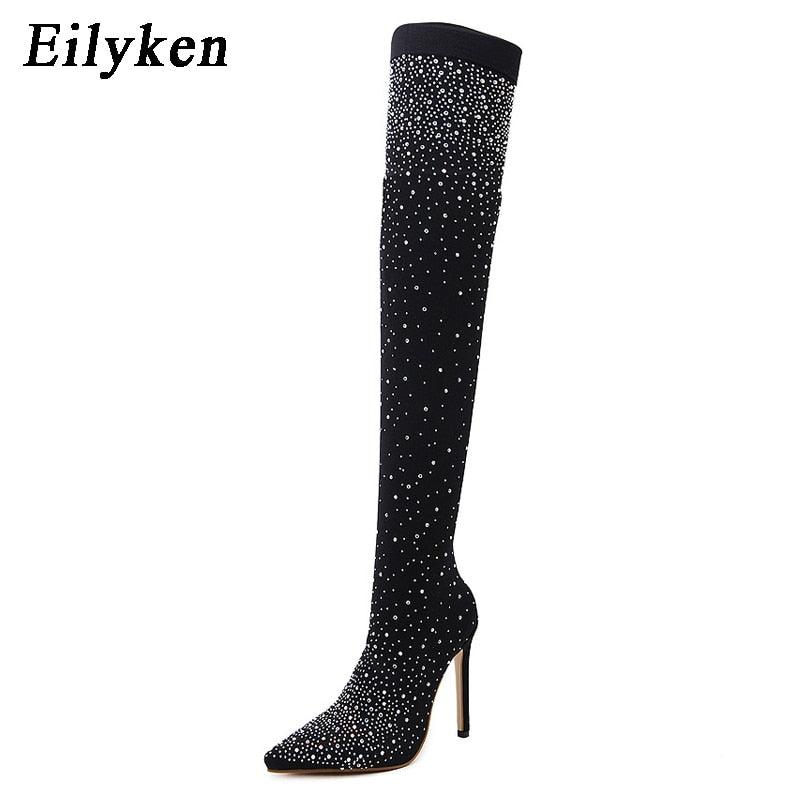 "Bottes Cuissardes Femme Stiletto à Pointe en Cristal Élastique"