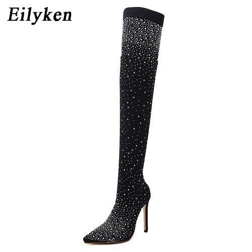 "Bottes Cuissardes Femme Stiletto à Pointe en Cristal Élastique" BLACK 12CM