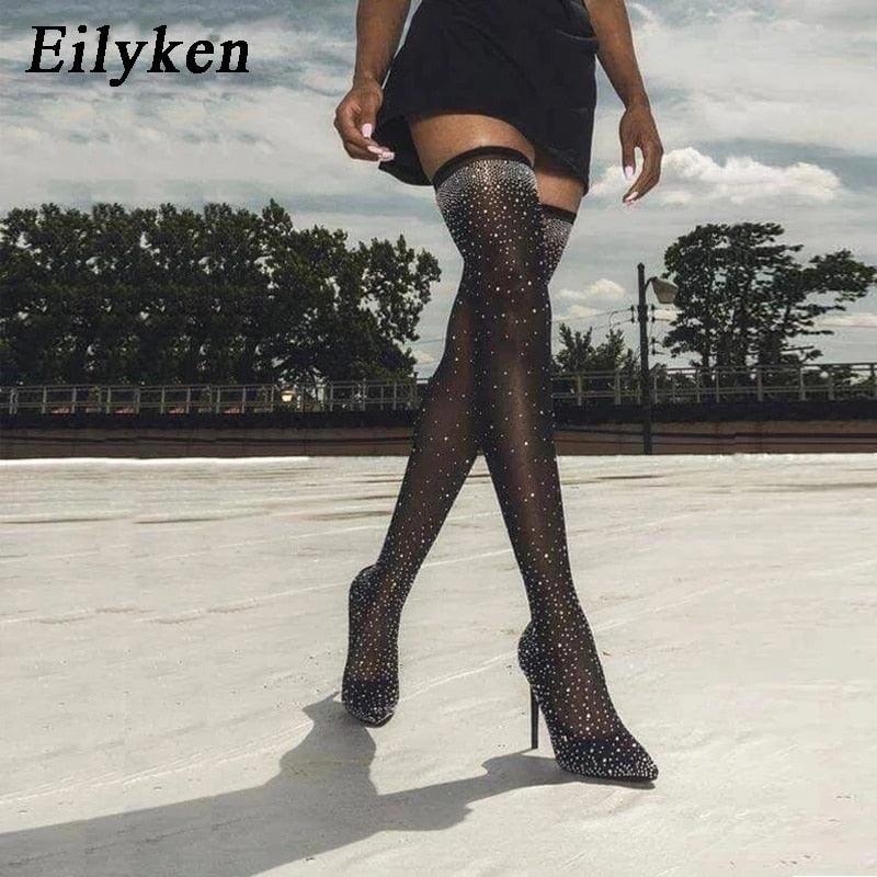 "Bottes Cuissardes Femme Stiletto à Pointe en Cristal Élastique"