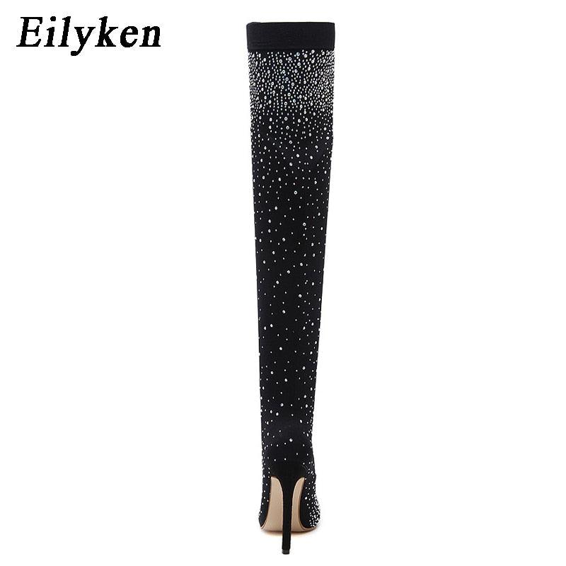 "Bottes Cuissardes Femme Stiletto à Pointe en Cristal Élastique"