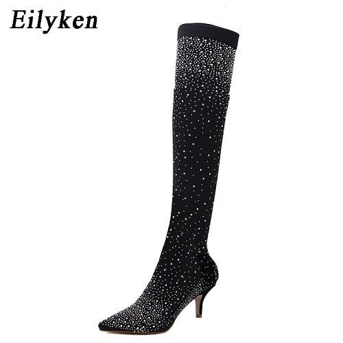 "Bottes Cuissardes Femme Stiletto à Pointe en Cristal Élastique" BLACK 7CM