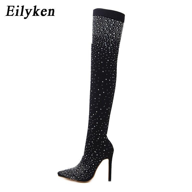 "Bottes Cuissardes Femme Stiletto à Pointe en Cristal Élastique"