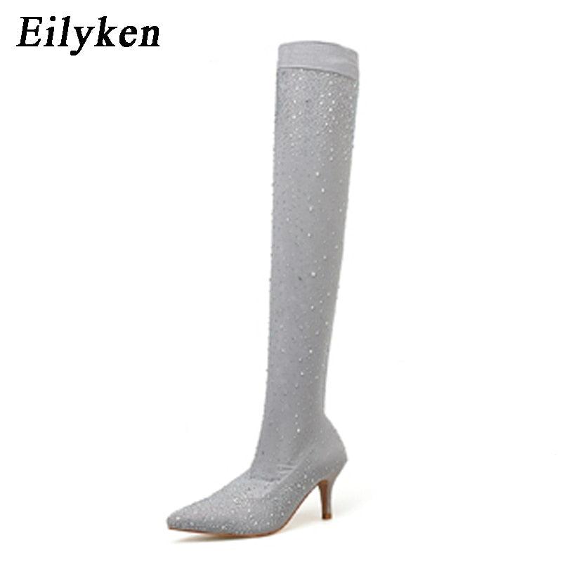 "Bottes Cuissardes Femme Stiletto à Pointe en Cristal Élastique" Gray 7CM