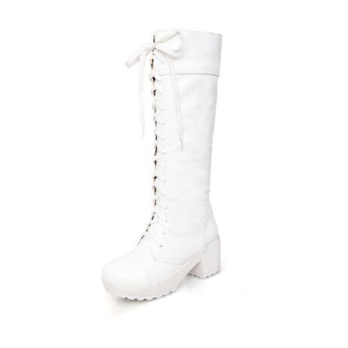 "Bottes à lacets pour femme : grande taille jusqu'au 43, talons carrés blancs" white