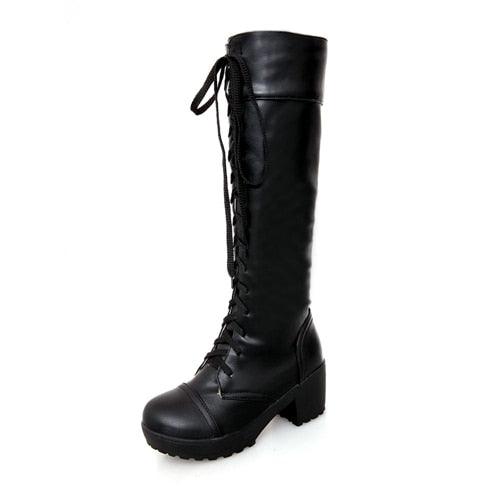 "Bottes à lacets pour femme : grande taille jusqu'au 43, talons carrés blancs" black