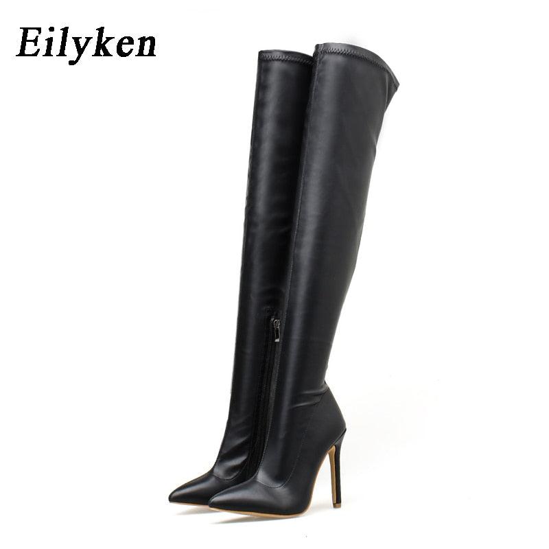 Bottes pour femme au-dessus du genou, extensibles et à talons hauts PU Black