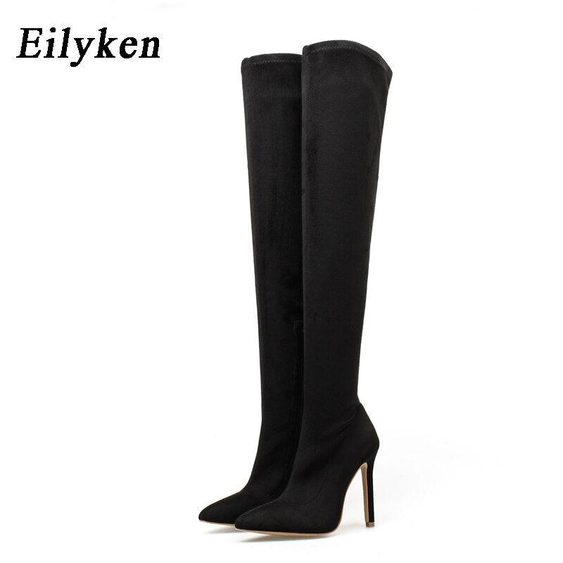 Bottes pour femme au-dessus du genou, extensibles et à talons hauts Flock Black