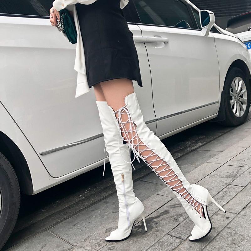 "Bottes sexy à lacets ruban montantes jusqu'au genou pour femmes - Été gladiateurs à talons hauts"