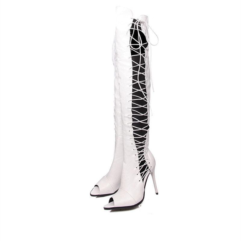 "Bottes sexy à lacets ruban montantes jusqu'au genou pour femmes - Été gladiateurs à talons hauts"