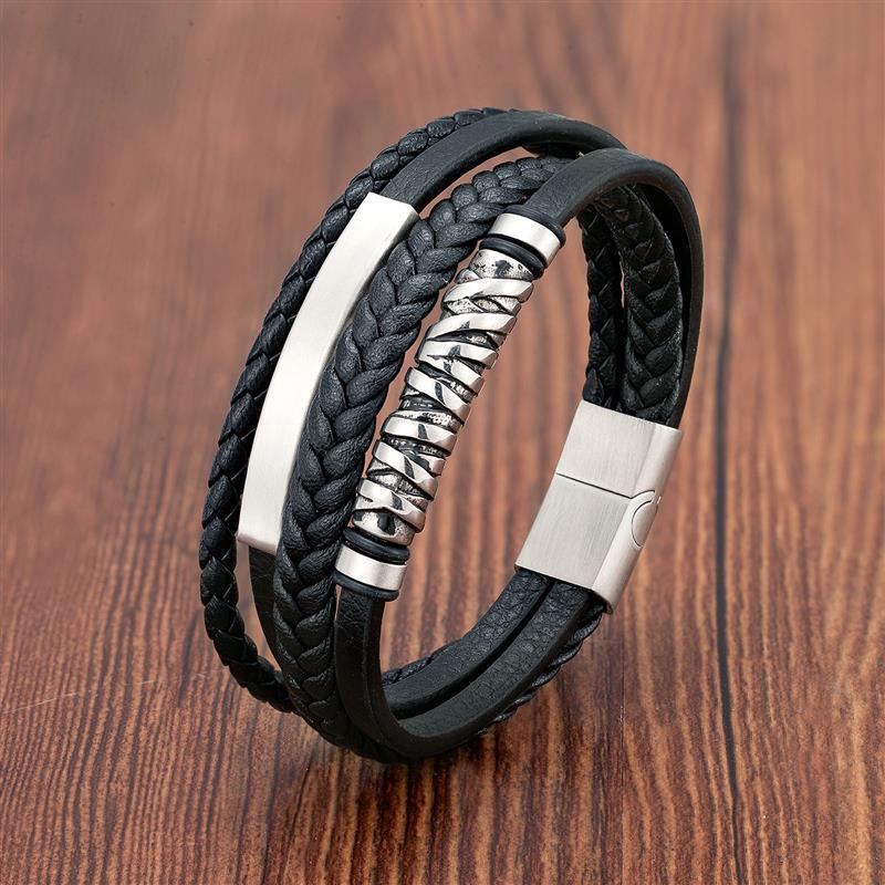 Bracelet Viking en cuir avec insert en acier inoxydable | Bijoux punk pour homme Style1 silver