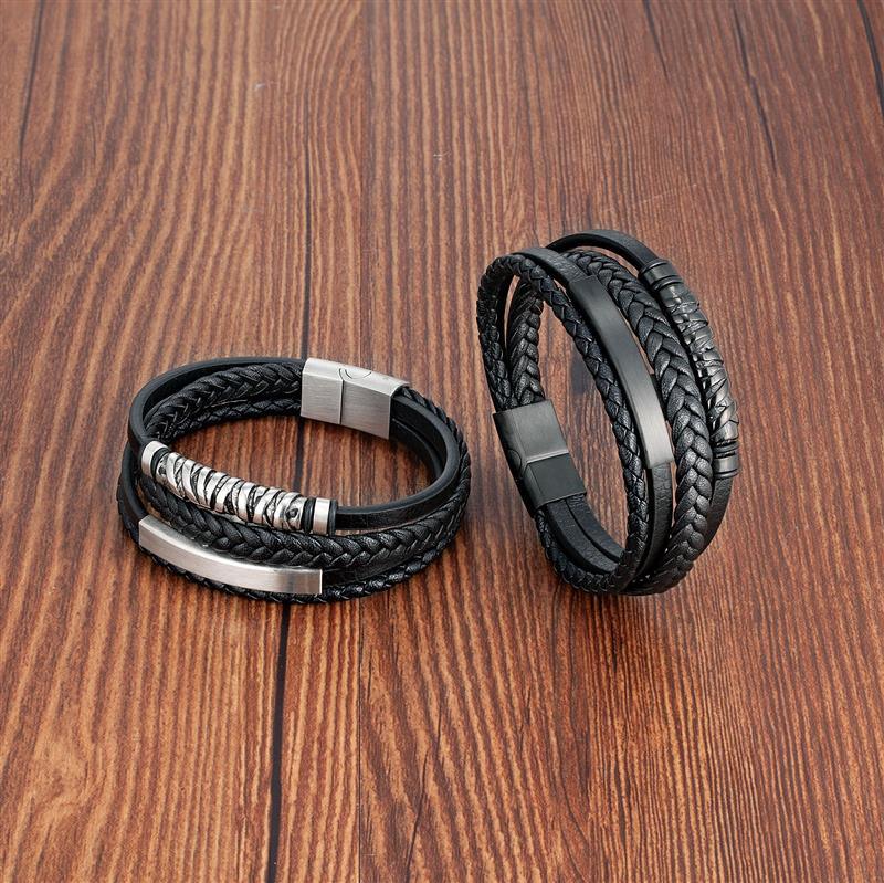Bracelet Viking en cuir avec insert en acier inoxydable | Bijoux punk pour homme