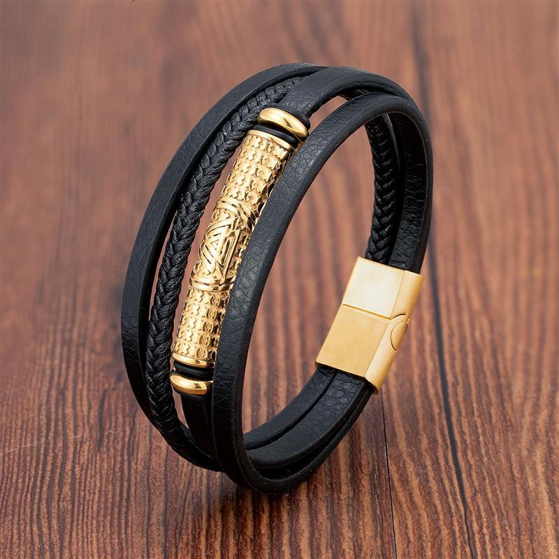 Bracelet Viking en cuir avec insert en acier inoxydable | Bijoux punk pour homme Style2 gold