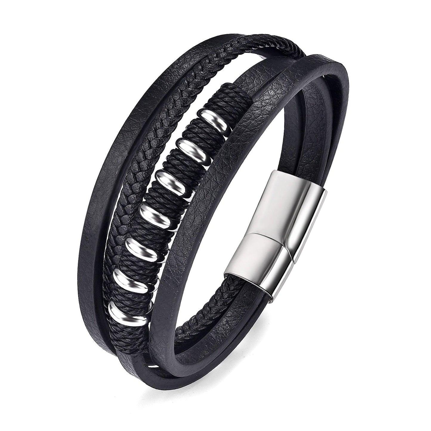 Bracelet Viking en cuir avec insert en acier inoxydable | Bijoux punk pour homme Style6 silver