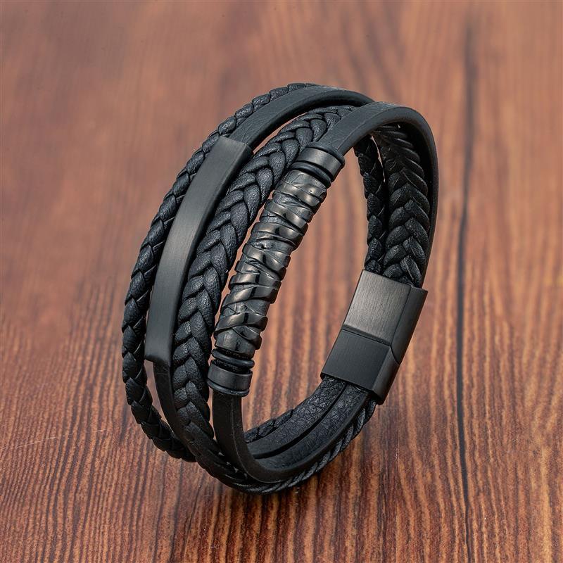 Bracelet Viking en cuir avec insert en acier inoxydable | Bijoux punk pour homme Style1 black