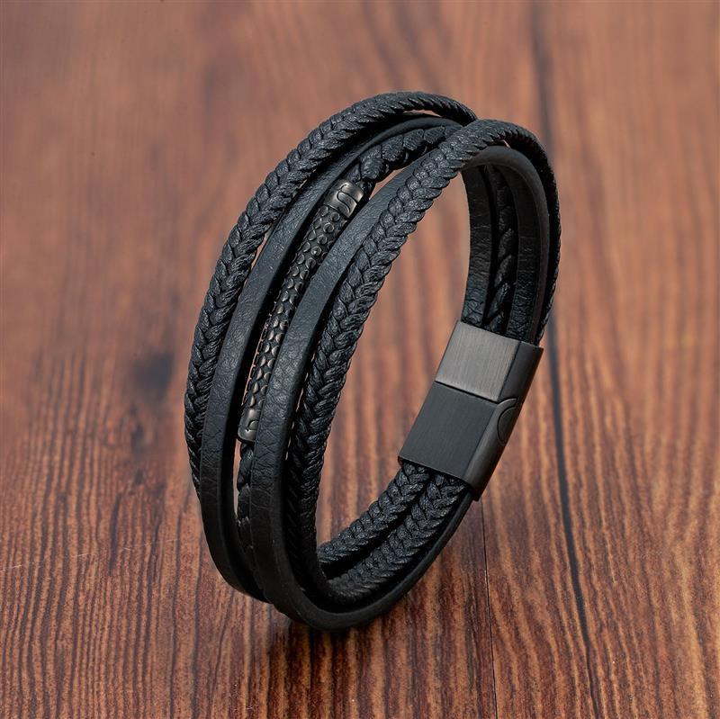 Bracelet Viking en cuir avec insert en acier inoxydable | Bijoux punk pour homme Style3 black